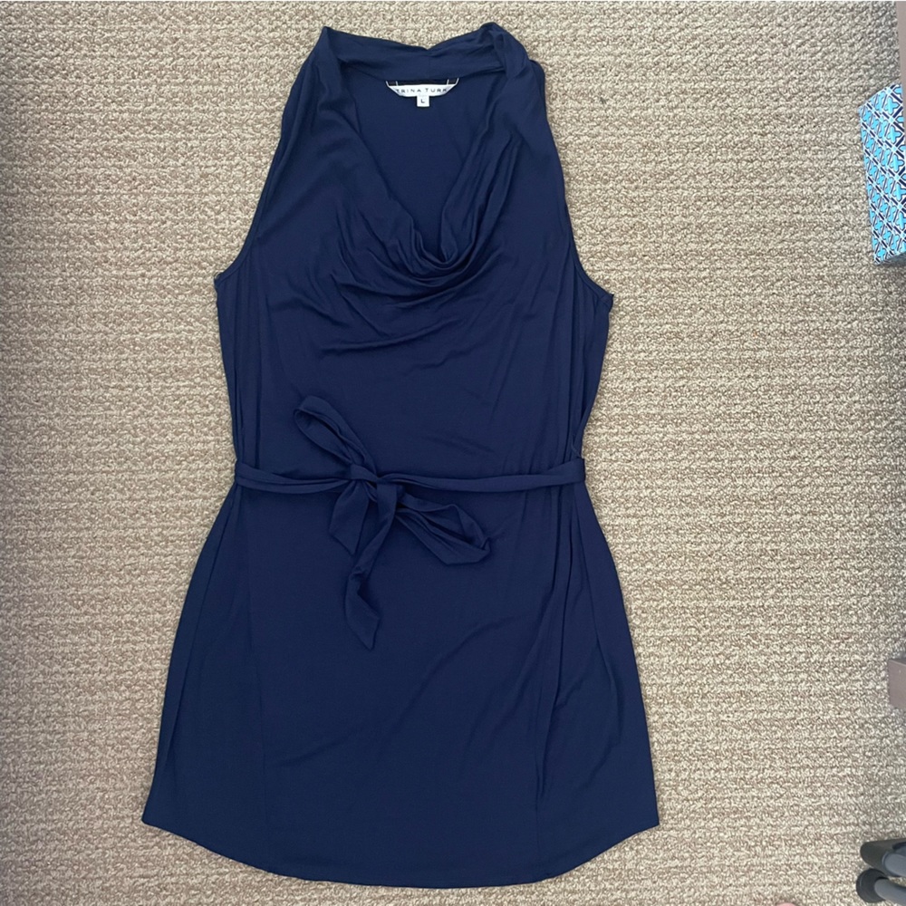 Trina Turk Navy Cowl Neck Racerback Jersey Dress Size Large